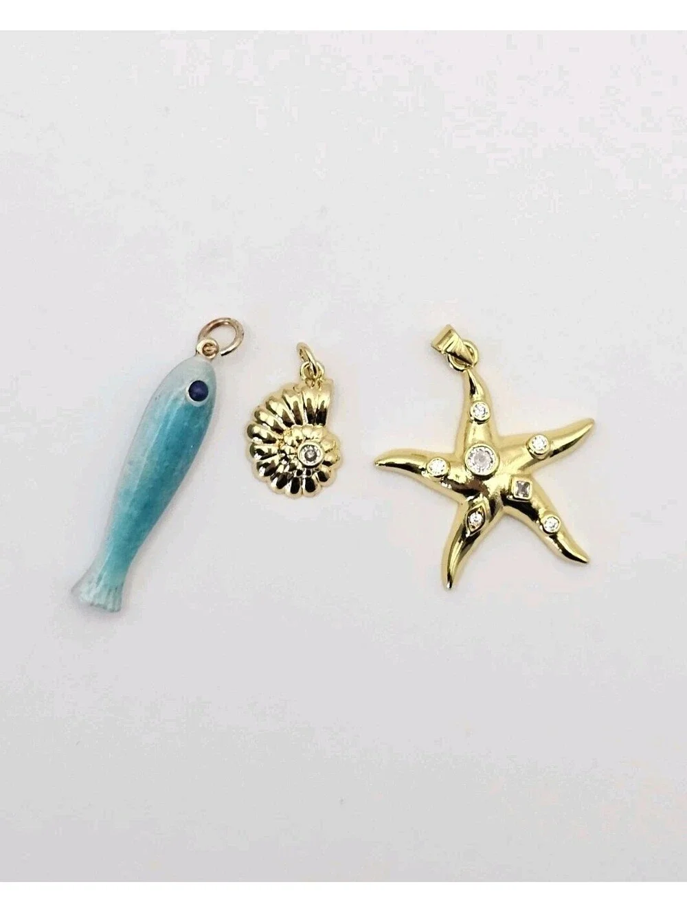 14K Gold Plated Ocean Charm Set Fish Starfish Shell CZ Enamel Pendant Lot of 3